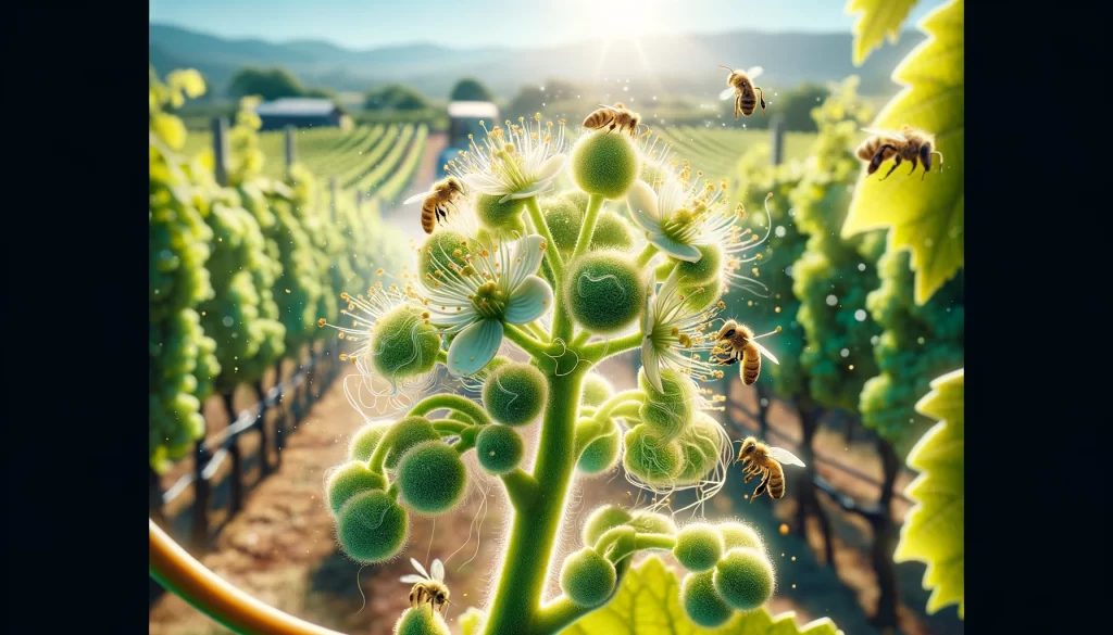 DALL·E 2024 05 27 16.49.06 A realistic close up view of grapevine flowers during the pollination stage in a vineyard. The image shows tiny delicate greenish white flowers with