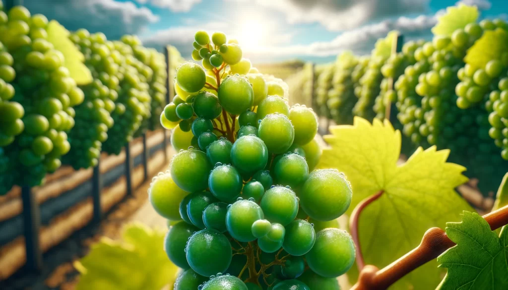 DALL·E 2024 05 27 16.56.47 A highly realistic close up view of grape berries during the berry growth engrosamiento stage in a vineyard. The image shows clusters of young green