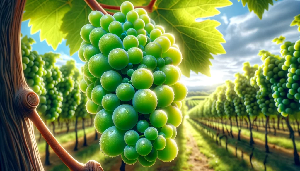 DALL·E 2024 05 27 16.57.49 A highly realistic close up view of grape berries during the berry growth engrosamiento stage in a vineyard. The image shows clusters of young green