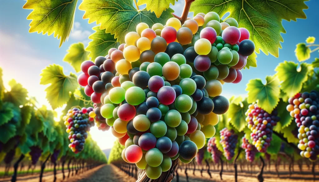 DALL·E 2024 05 27 16.58.49 A highly realistic close up view of grape berries during the veraison envero stage in a vineyard. The image shows clusters of grapes transitioning i