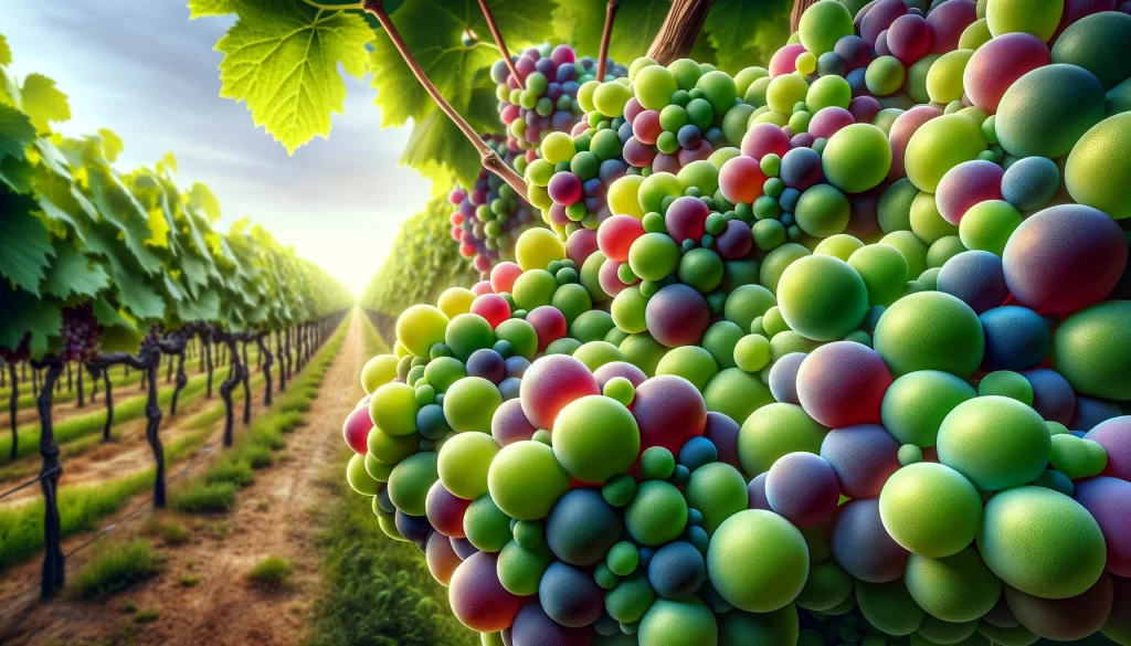 DALL·E 2024 05 27 17.00.16 A highly realistic close up view of grape berries during the veraison envero stage in a vineyard. The image shows clusters of grapes transitioning i