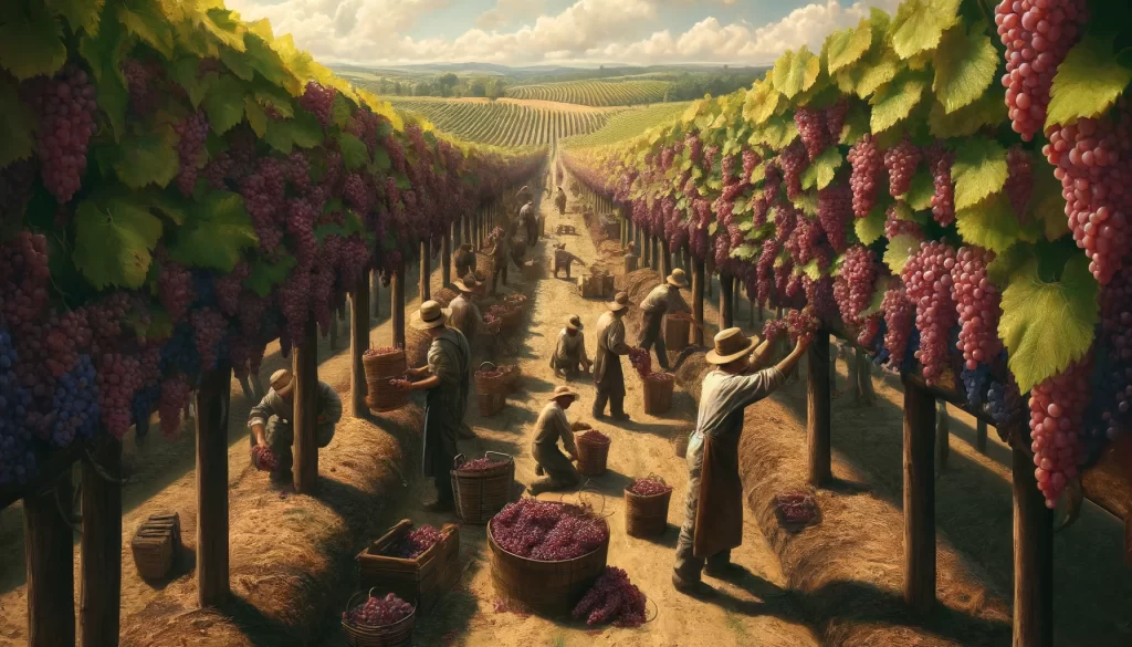 DALL·E 2024 05 27 17.02.15 A highly realistic scene of grape harvest vendimia in a vineyard. The image shows workers carefully picking ripe grape clusters from the vines and p