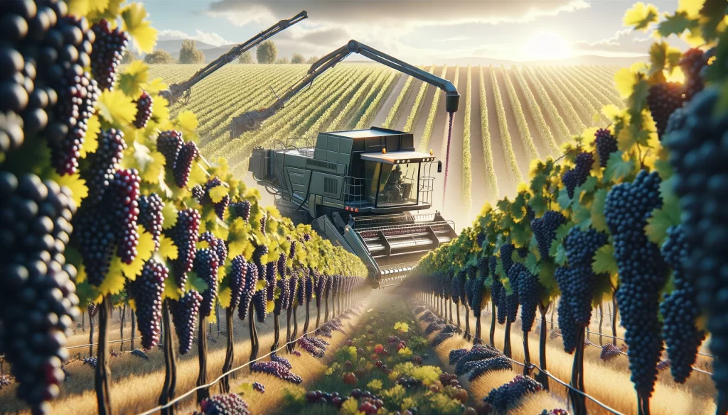 DALL·E 2024 05 27 17.03.27 A highly realistic scene of mechanized grape harvest vendimia mecanizada in a vineyard. The image shows a large grape harvester machine moving throu