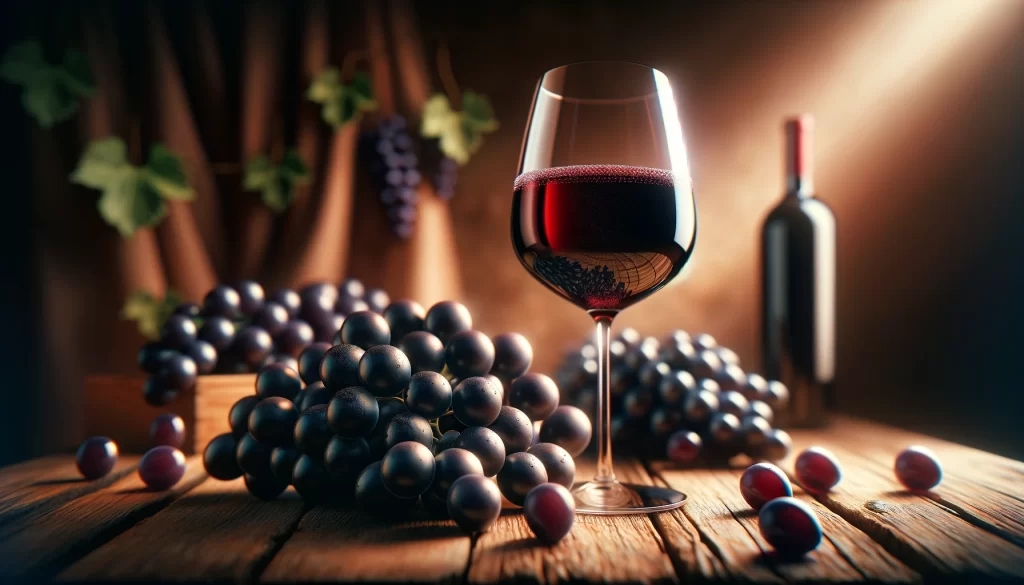 DALL·E 2024 05 27 17.05.00 A highly realistic scene of a glass of red wine with clusters of grapes beside it. The image shows a tall wine glass filled with rich deep red wine