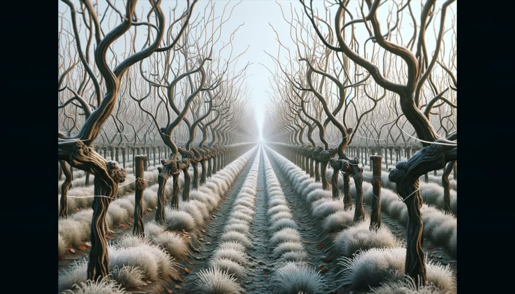 DALL·E 2024 05 27 17.06.00 A highly realistic scene of grapevines during the winter dormancy reposo invernal stage in a vineyard. The image shows rows of dormant grapevines wi