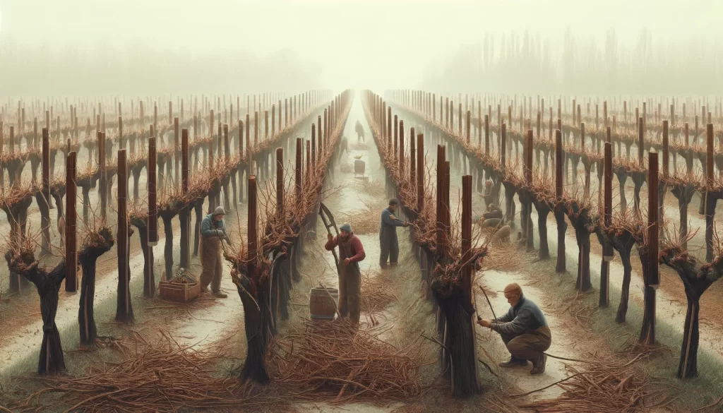 DALL·E 2024 05 27 17.07.20 A highly realistic scene of winter pruning poda invernal of grapevines in a vineyard. The image shows farmers carefully pruning the dormant grapevin