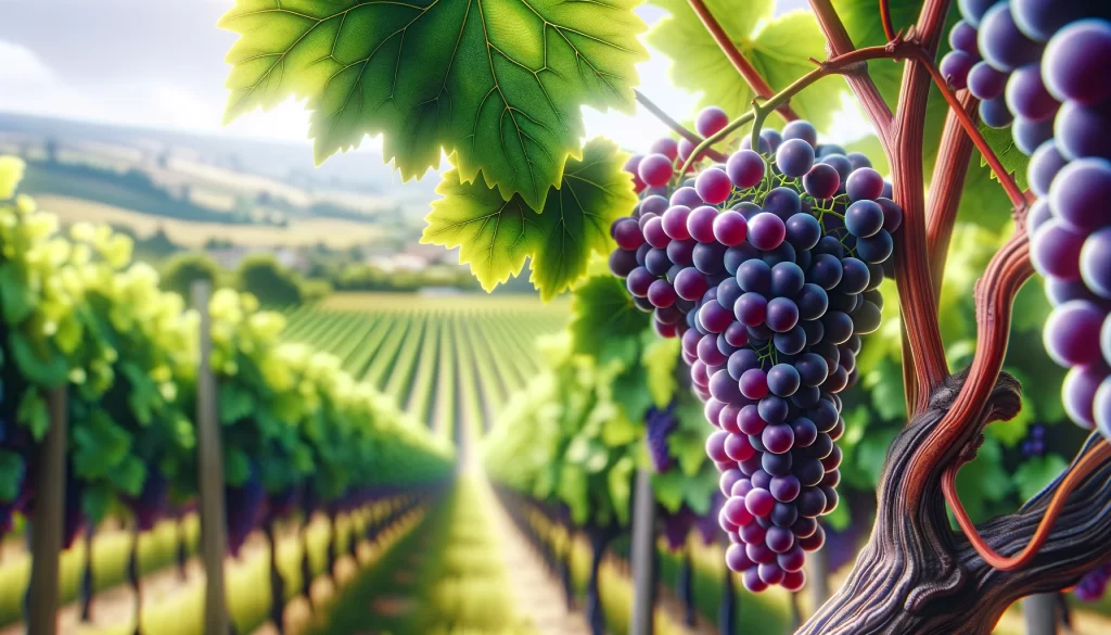 DALL·E 2024 05 27 17.08.49 A highly realistic close up view of a grapevine in a vineyard focusing on clusters of ripe grapes used for red wine. The image shows plump dark purp