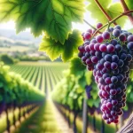 DALL·E 2024 05 27 17.08.49 A highly realistic close up view of a grapevine in a vineyard focusing on clusters of ripe grapes used for red wine. The image shows plump dark purp