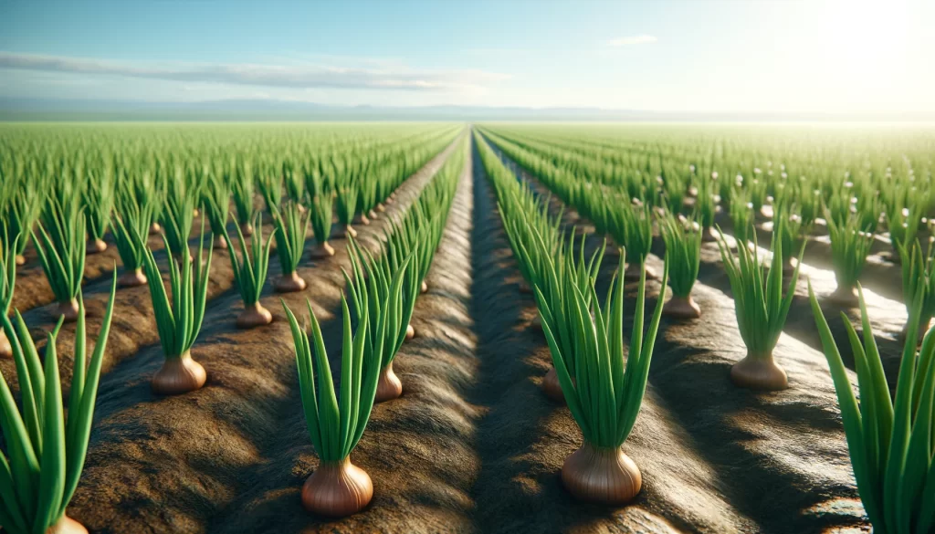 DALL·E 2024 05 28 14.34.17 A highly realistic scene of an onion field in a 16 9 aspect ratio. The image shows rows of young onion plants emerging from the soil in a well organiz
