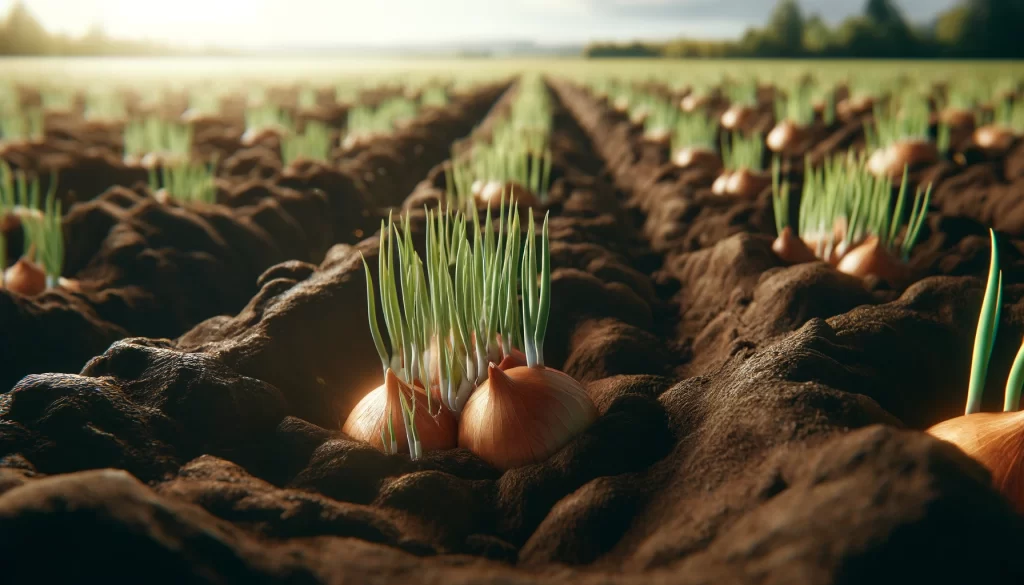 DALL·E 2024 05 28 14.35.57 A highly realistic close up view of onion seeds germinating in a field. The image shows tiny green sprouts emerging from the soil surrounded by rich