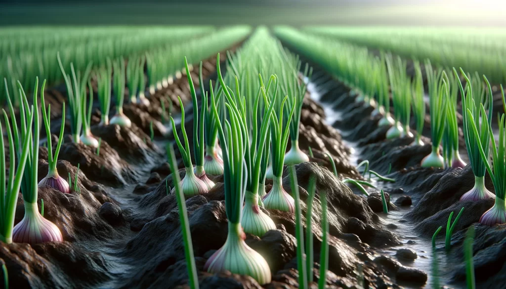 DALL·E 2024 05 28 14.37.13 A highly realistic close up view of onion seedlings in a field. The image shows young onion plants with green shoots emerging from the soil displayin