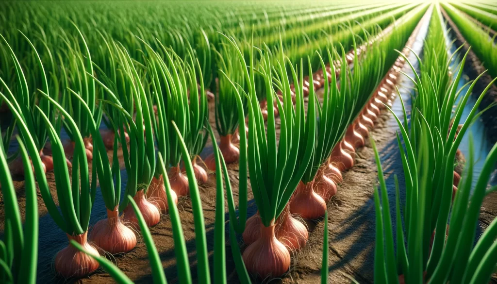 DALL·E 2024 05 28 14.49.52 A highly realistic scene of onion plants during the vegetative growth stage in a field. The plants are green and healthy with long slender leaves ex