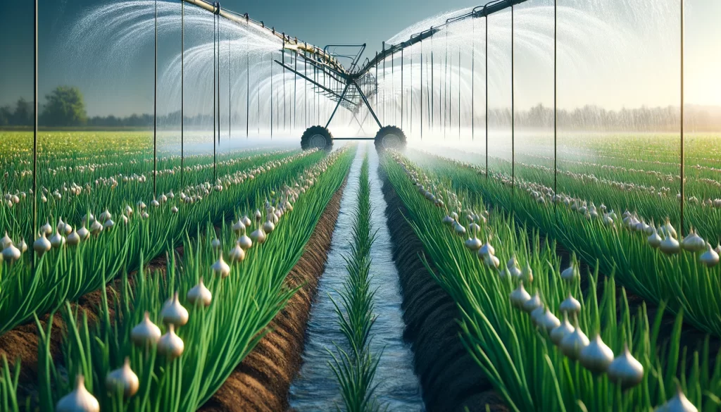 DALL·E 2024 05 28 14.50.55 A highly realistic scene of an onion field being irrigated. The image shows rows of onion plants with water being sprayed over them from an irrigation