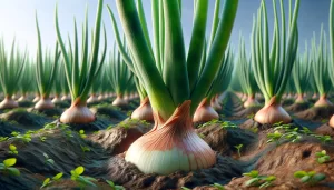 DALL·E 2024 05 28 14.52.00 A highly realistic close up view of onion plants during the bulbification stage in a field. The image shows the base of the plants where the bulbs are