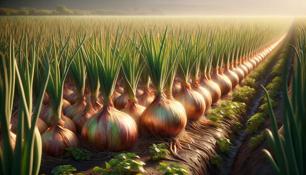 DALL·E 2024 05 28 14.54.24 A highly realistic scene of onion plants during the maturation stage in a field. The image shows mature onions with their tops beginning to yellow and