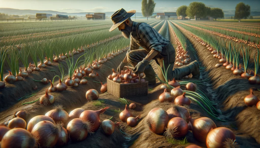DALL·E 2024 05 28 14.56.15 A highly realistic scene of a farmer harvesting onions in a field. The farmer is bending down to pull mature onions from the soil with rows of onions