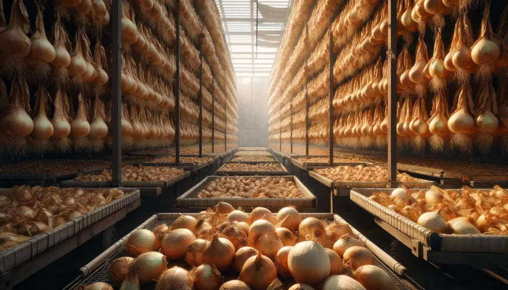 DALL·E 2024 05 28 14.57.57 A highly realistic scene of post harvest onion processing in a 16 9 aspect ratio. The image shows onions being cured and dried in a well ventilated sp