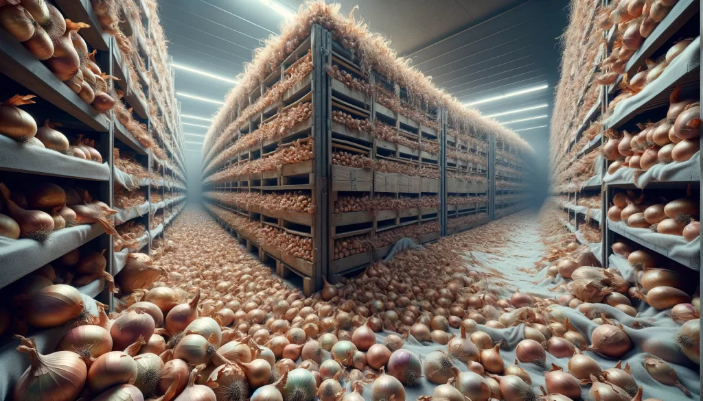 DALL·E 2024 05 28 14.59.19 A highly realistic scene of onions in the resting stage after harvest. The image shows onions stored in a cool dry and dark place with some onions