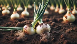 DALL·E 2024 05 28 15.00.54   Two freshly harvested white onions lying on the soil in a field. The onions have their green stems still attached and some soil clinging to them. The
