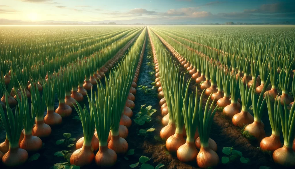 DALL·E 2024 05 28 15.37.32 A highly realistic scene of onions growing in a field. The image shows rows of healthy onion plants with green leaves set in a well maintained agricu