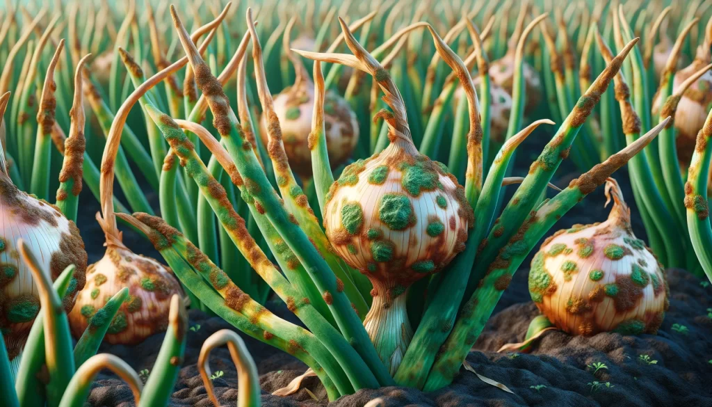 DALL·E 2024 05 28 15.39.12 A highly realistic close up view of onion plants affected by downy mildew Peronospora destructor. The onions are in a field with leaves showing sig