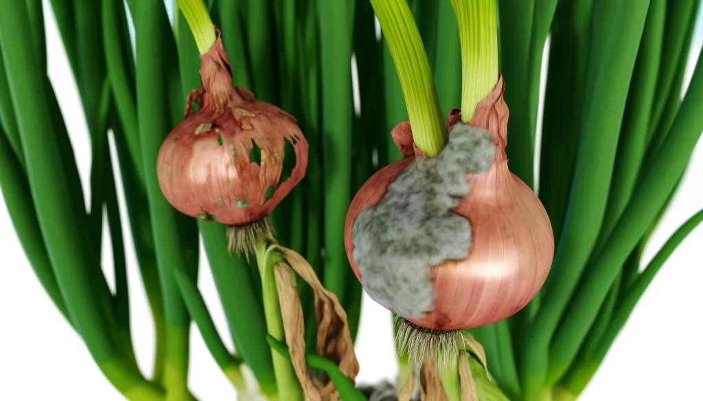 DALL·E 2024 05 28 15.40.41 A highly realistic close up view of onion plants affected by Botrytis or Neck Rot Botrytis allii and Botrytis cinerea. The image shows the character