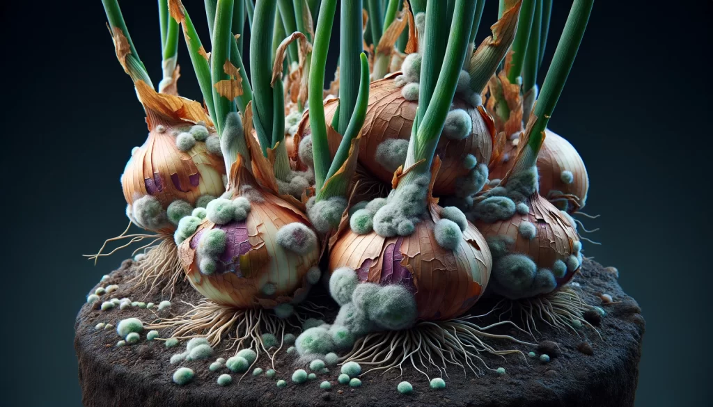 DALL·E 2024 05 28 15.43.08 A highly realistic close up view of onion plants affected by Fusariosis or Basal Rot Fusarium oxysporum. The image shows onions with wilting leaves