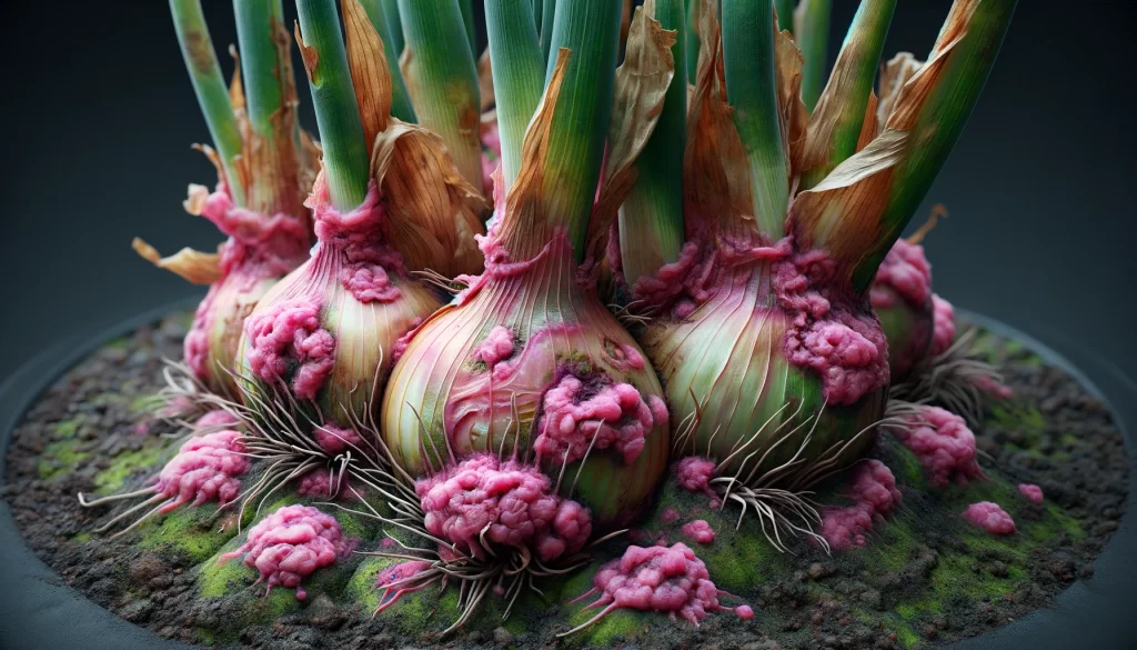 DALL·E 2024 05 28 15.46.55 A highly realistic close up view of onion plants affected by Pink Rot Pyrenochaeta terrestris. The onions show pink discoloration at the base rotti