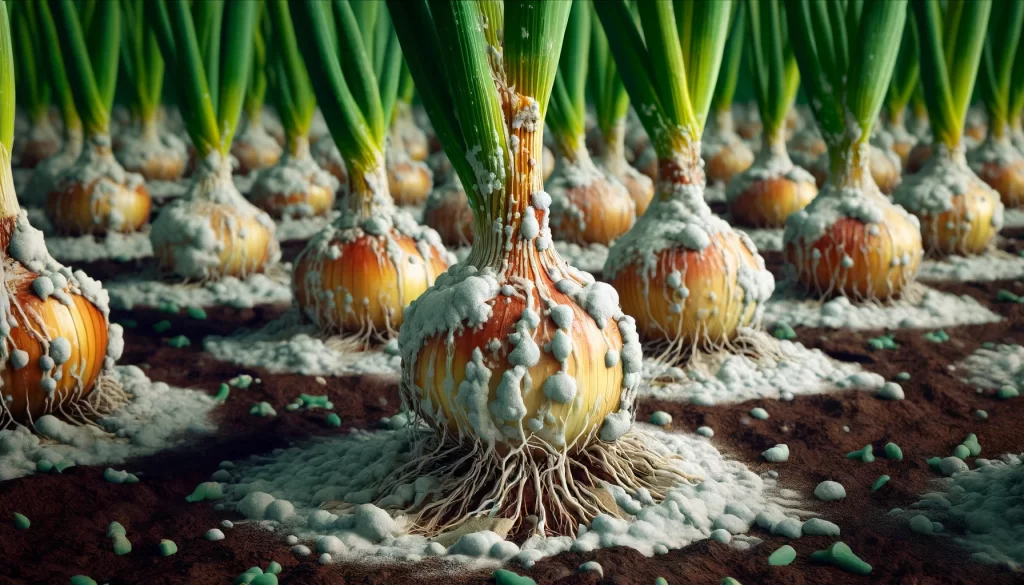 DALL·E 2024 05 28 15.51.50 A highly realistic close up view of onion plants infected with white rot Sclerotium cepivorum. The image shows the characteristic symptoms such as w