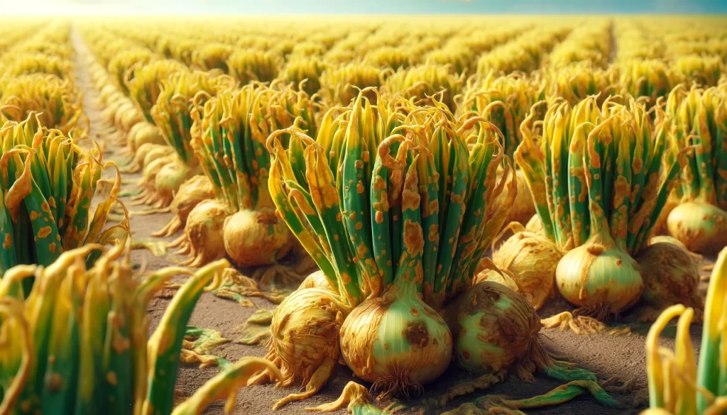 DALL·E 2024 05 28 15.55.38 A highly realistic close up view of onion plants showing symptoms of Onion Yellow Dwarf Virus OMV. The leaves appear yellow and distorted with a mo