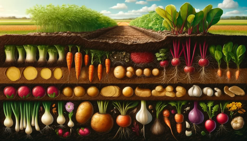 DALL·E 2024 05 29 14.44.45 A realistic and detailed 16 9 illustration of various underground crops. The image shows a cross section of soil with different types of tubers root