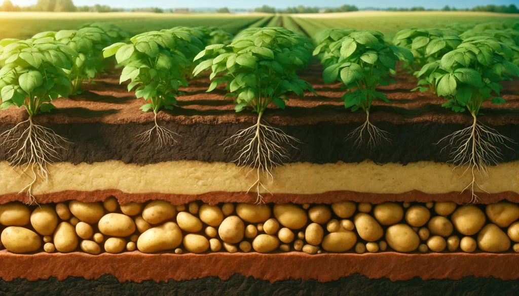 DALL·E 2024 05 29 14.45.57 A realistic 16 9 cross section view of the earth showing potatoes growing underground. The image reveals the soil layers with multiple potatoes of var
