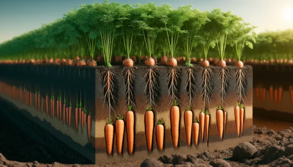 DALL·E 2024 05 29 14.47.11 A realistic 16 9 cross section view of the earth showing carrots growing underground. The image reveals the soil layers with multiple carrots of vario
