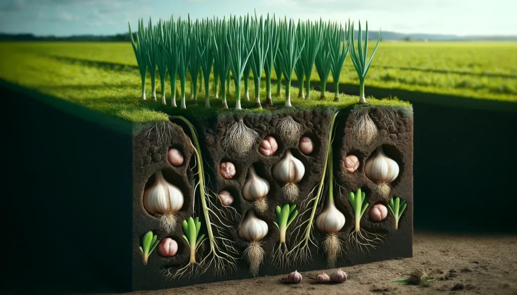 DALL·E 2024 05 29 14.48.18 A realistic 16 9 cross section view of the earth showing garlic growing underground. The image reveals the soil layers with multiple garlic bulbs of v