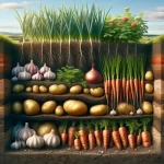 DALL·E 2024 05 29 14.49.56   A realistic 16 9 cross section view of the earth showing garlic, potatoes, onions, and carrots growing underground. The image reveals the soil layers