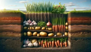 DALL·E 2024 05 29 14.49.56   A realistic 16 9 cross section view of the earth showing garlic, potatoes, onions, and carrots growing underground. The image reveals the soil layers