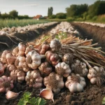 DALL·E 2024 05 30 09.36.25   Freshly harvested garlic in the field, with garlic bulbs and stalks still covered in soil. The field is earthy with patches of green plants, and the g