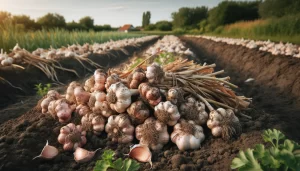 DALL·E 2024 05 30 09.36.25   Freshly harvested garlic in the field, with garlic bulbs and stalks still covered in soil. The field is earthy with patches of green plants, and the g