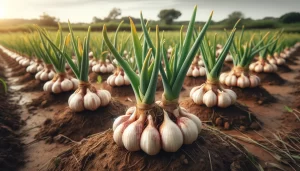 DALL·E 2024 05 30 09.39.16 Garlic plants in the bulb formation stage in the field showing bulbs starting to develop at the base of the plants. The green leaves are still presen