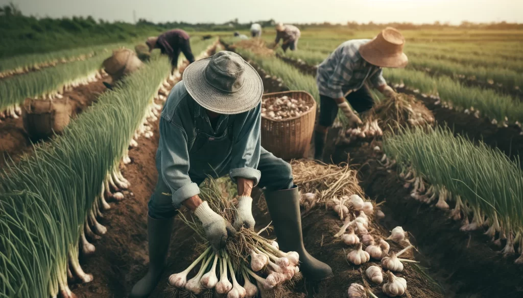 DALL·E 2024 05 30 09.40.35 Farmers harvesting garlic crops in the field with garlic bulbs being pulled from the soil. The farmers are wearing work clothes and hats bending dow