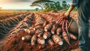 DALL·E 2024 05 30 09.43.00   Freshly harvested cassava (yuca) in the field, with cassava roots being dug out of the soil. The roots are large and covered in earth, laying in piles