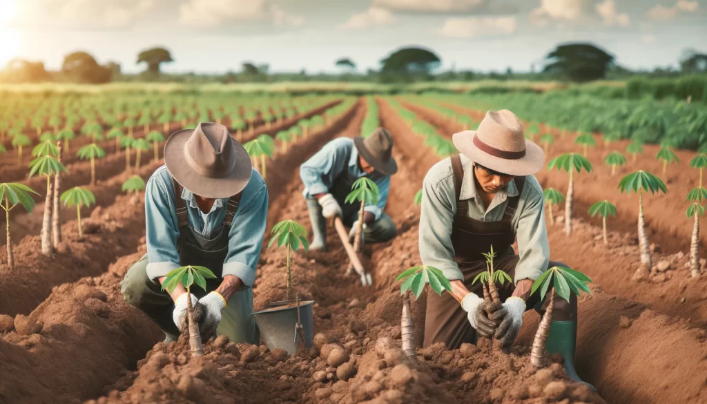 DALL·E 2024 05 30 09.45.16 Farmers planting young cassava yuca plants in the field. The farmers are wearing work clothes and hats working with tools and their hands to plant