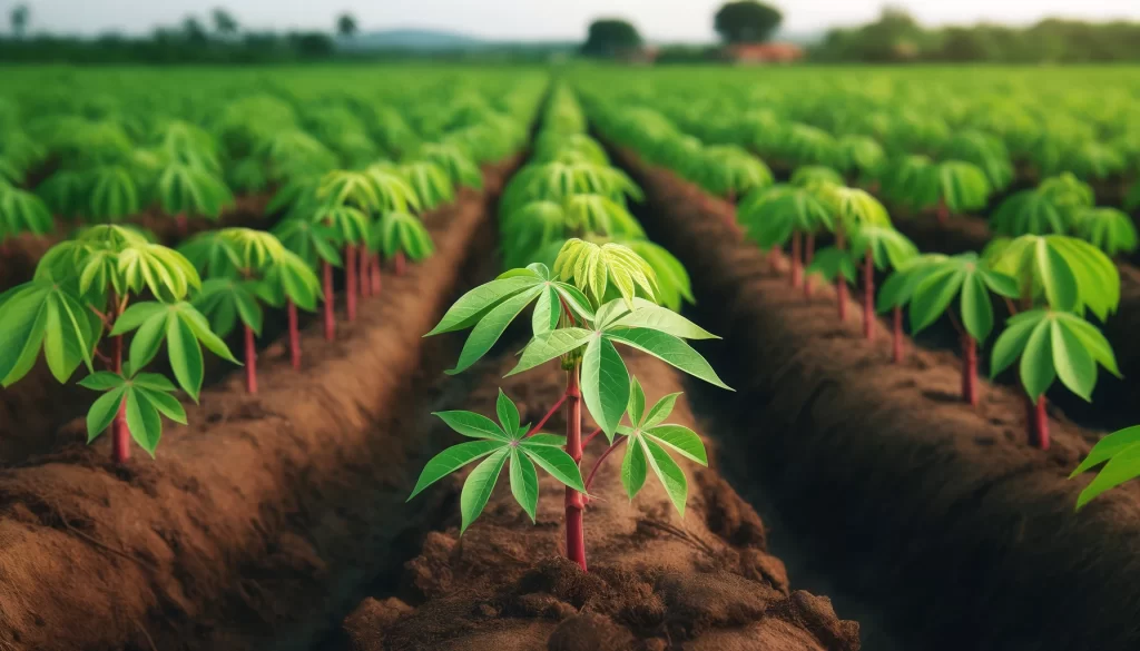 DALL·E 2024 05 30 09.46.09 Young cassava yuca plants in the vegetative growth stage in the field. The plants have vibrant green leaves and are growing steadily in rows. The so