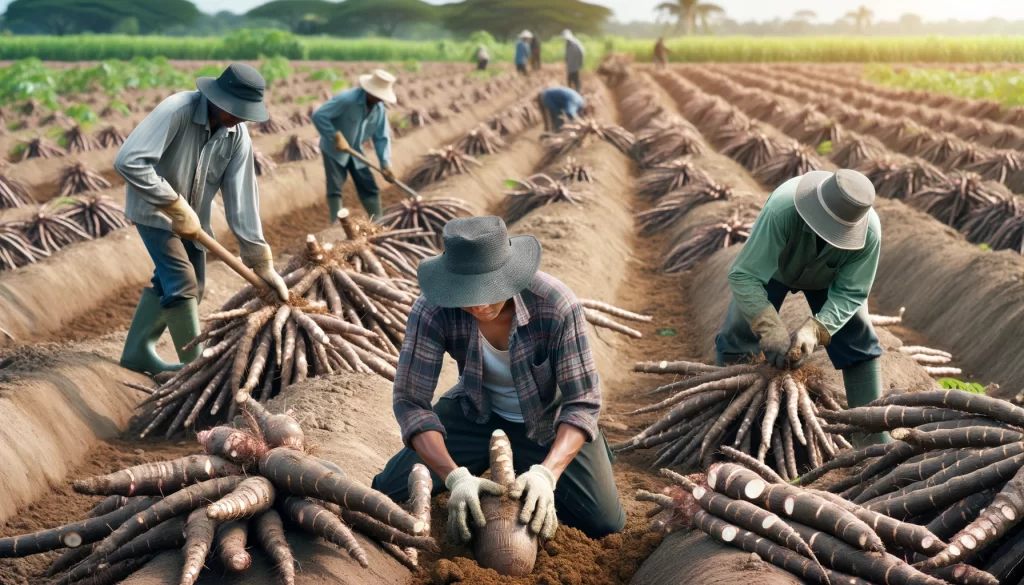DALL·E 2024 05 30 09.48.11 Farmers harvesting mature cassava yuca in the field. The farmers are wearing work clothes and hats using tools and their hands to dig up the large
