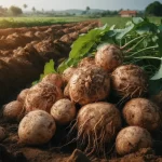 DALL·E 2024 05 30 09.56.11   Freshly harvested jicama in the field, with jicama roots being dug out of the soil. The roots are large and round, covered in earth, and laying in pil