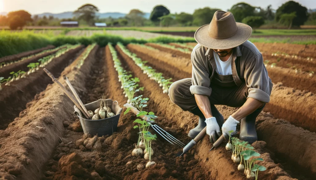 DALL·E 2024 05 30 09.58.43 A farmer planting jicama in the field. The farmer is wearing work clothes and a hat using tools and hands to plant the jicama seeds into the soil. Th