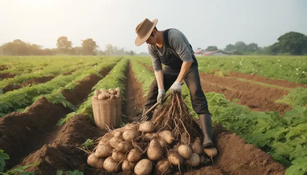 DALL·E 2024 05 30 10.01.50 A farmer harvesting jicama in the field. The farmer is wearing work clothes and a hat using tools and hands to dig up the large jicama tubers from th