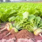 DALL·E 2024 05 30 10.07.20   Turnip plants in the field with freshly harvested turnips placed next to them. The plants are green and leafy, while the harvested turnip roots are la