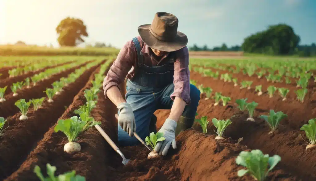 DALL·E 2024 05 30 10.08.14 A farmer planting young turnip plants in the field. The farmer is wearing work clothes and a hat using tools and hands to plant the young plants into