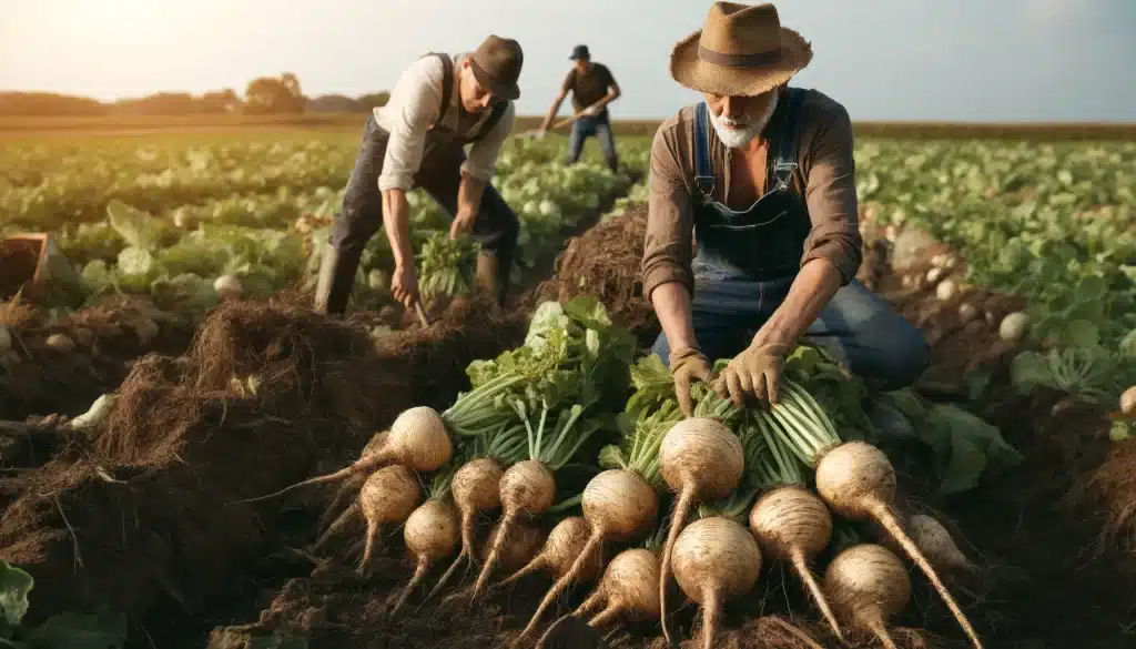 DALL·E 2024 05 30 10.12.14 Farmers harvesting mature turnips in the field. The farmers are wearing work clothes and hats using tools and their hands to dig up the large turnip
